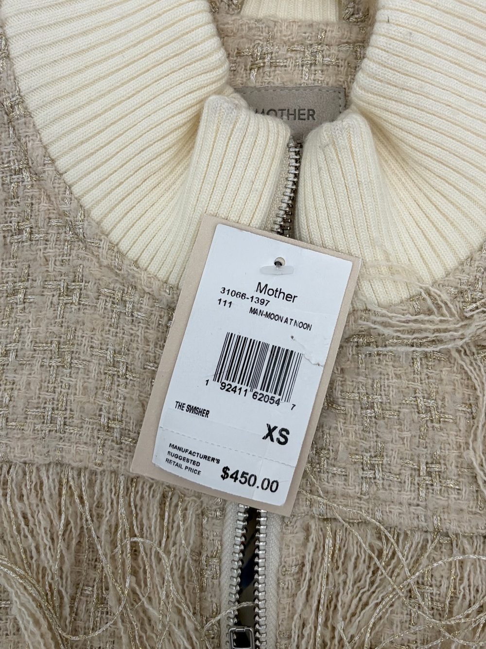 MOTHER Cream Fringe Tweed Bomber Jacket - Picture 7 of 9